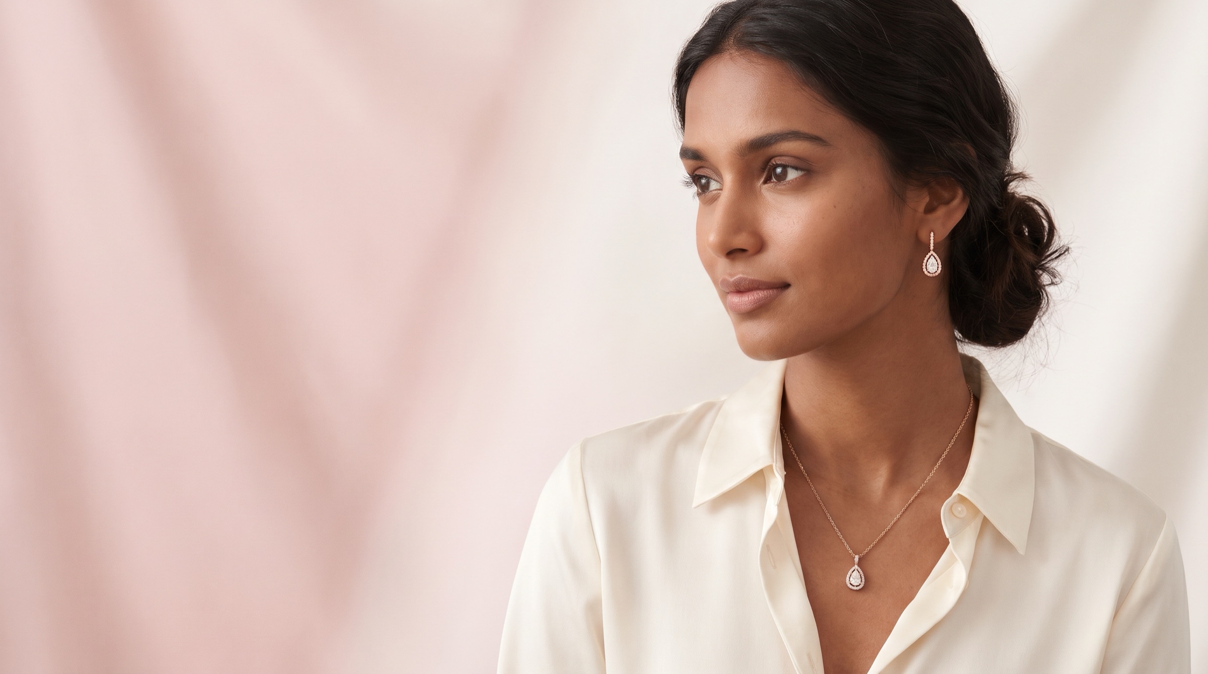 A woman wearing Arna rose gold diamond pear pendant and drop earrings
